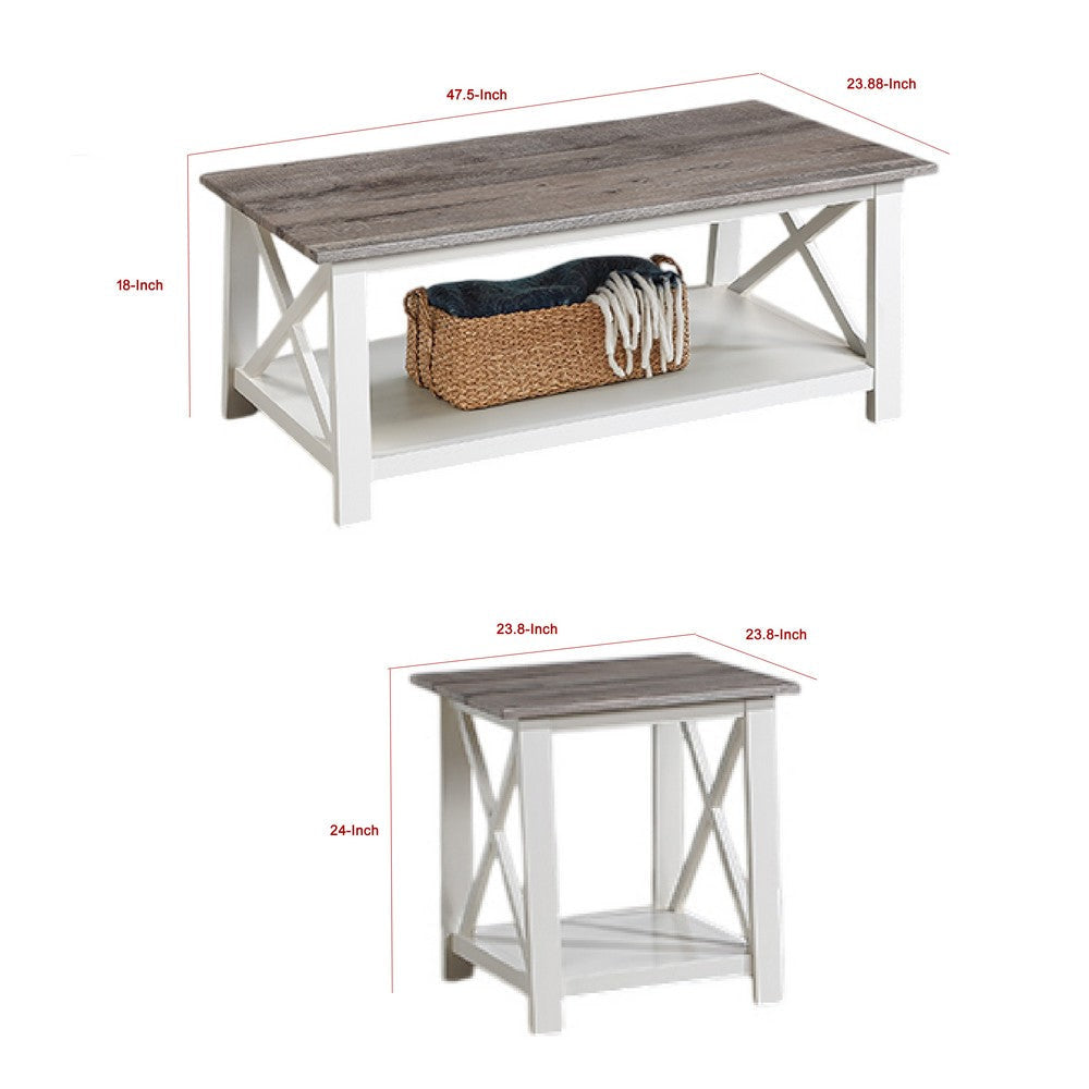Heo 3pc Coffee and Side End Table Set | Gray Wood Top | White X Legs BM336423