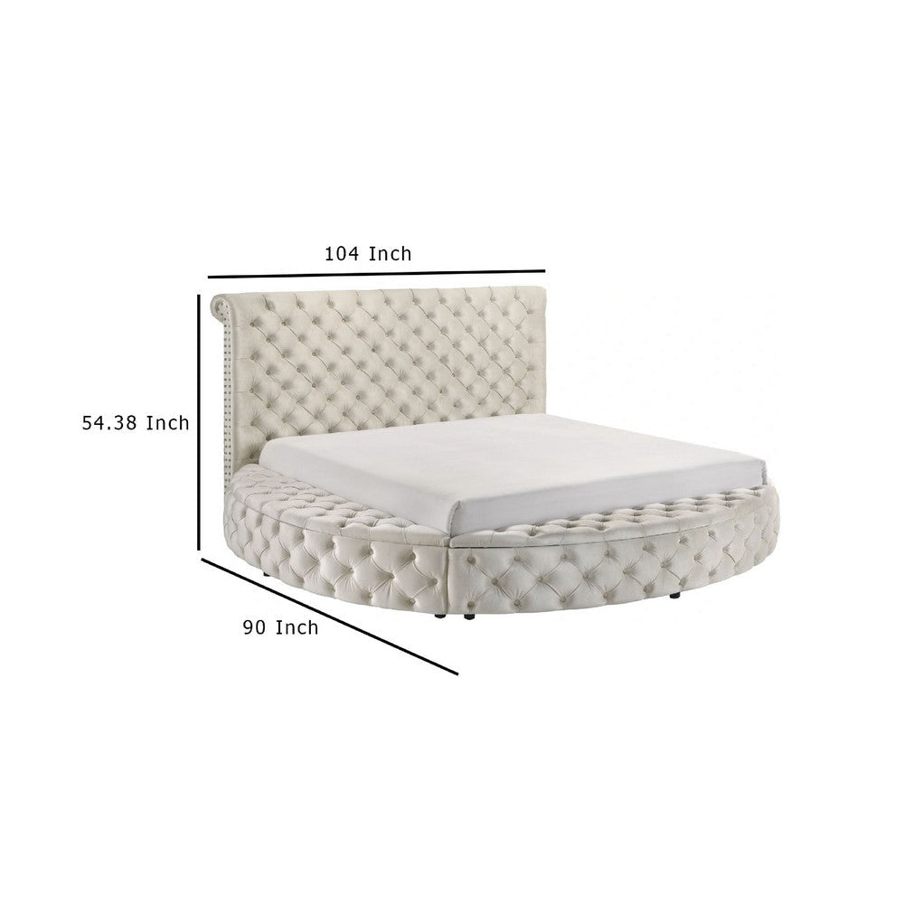 Jeri Queen Round Bed w Storage Footboard | Ivory Italian Upholstery