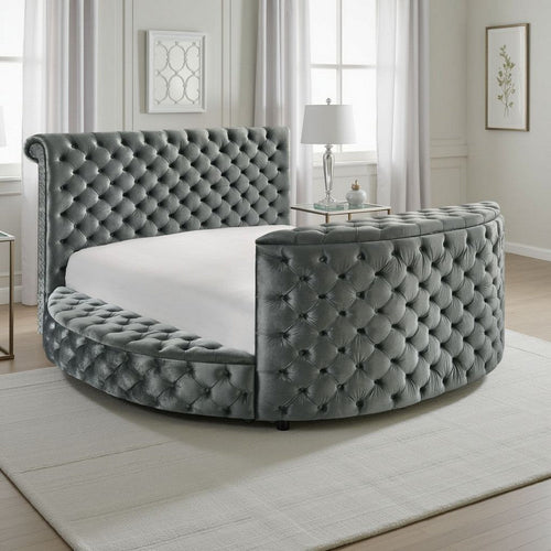 Leri Round King Bed with Lift TV Stand and LED Fireplace | Gray Velvet