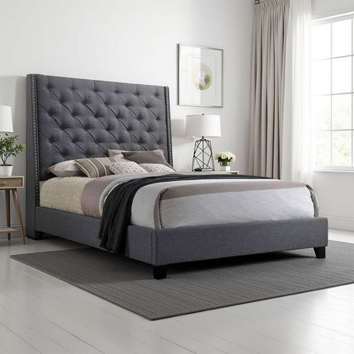 Toer King Size Bed | Tall Wingback Headboard | Modern Gray Upholstery