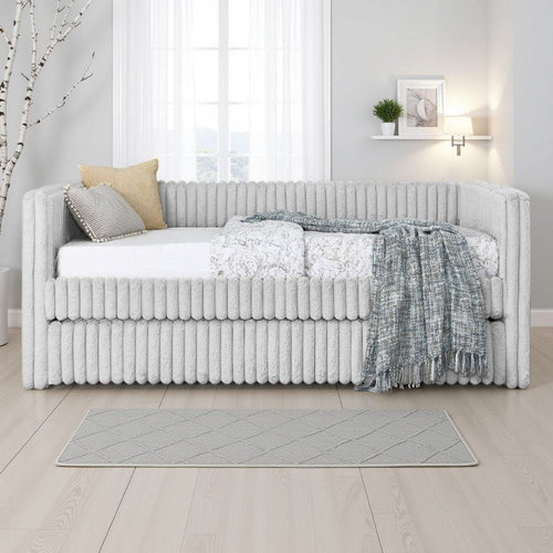 Keya Daybed w Pull Out Trundle | Channel Tufted Light Gray Upholstery