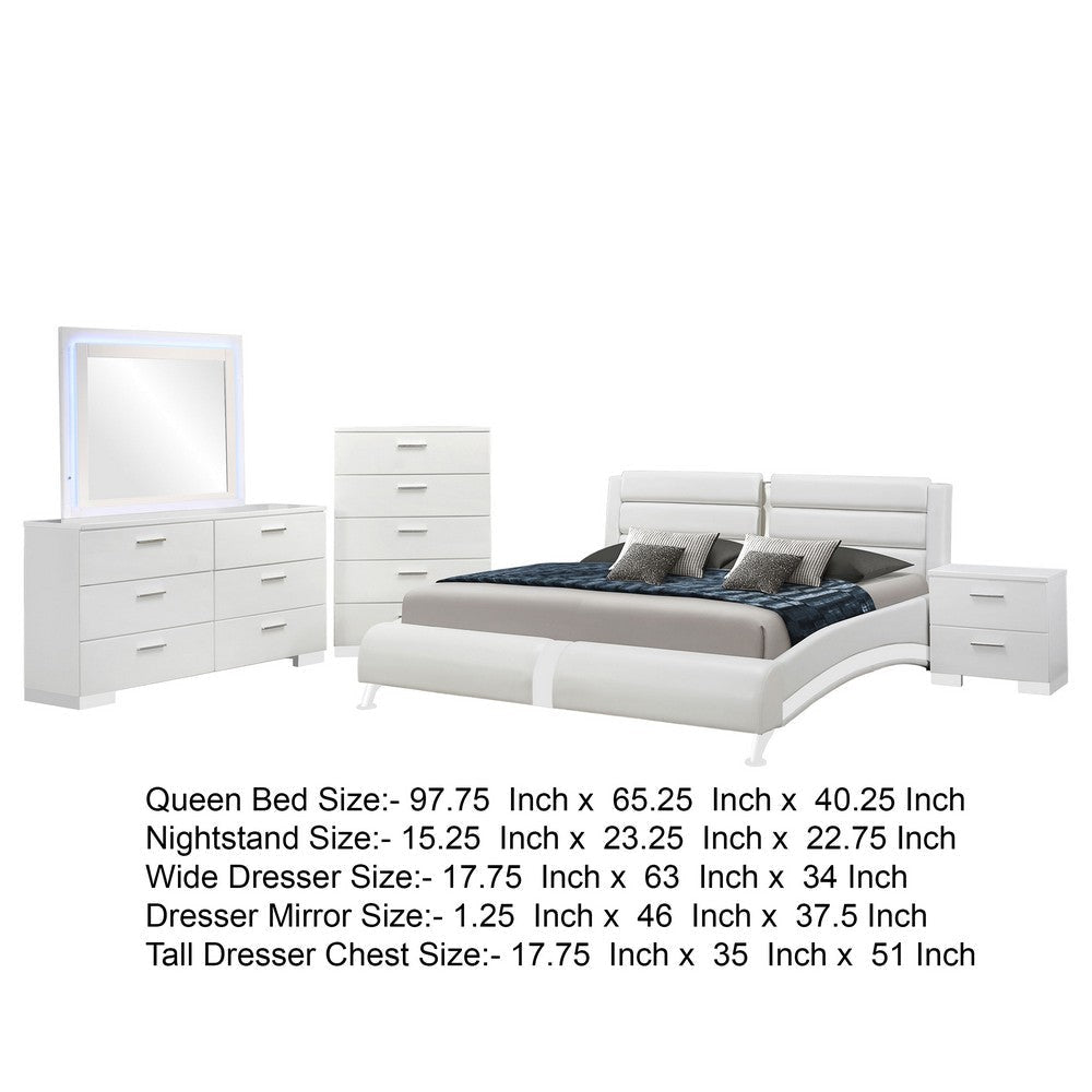 Zor 5pc Queen Size Bedroom Set | White Faux Leather and LED Mirror