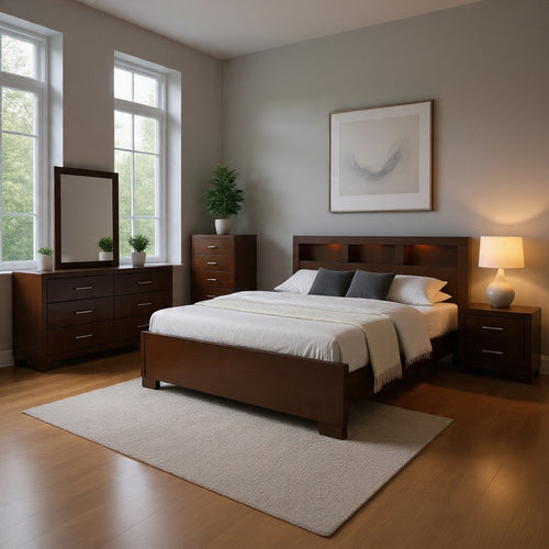 Bela 5 Piece Queen Bedroom Set | Bookcase Headboard | Dark Brown Wood