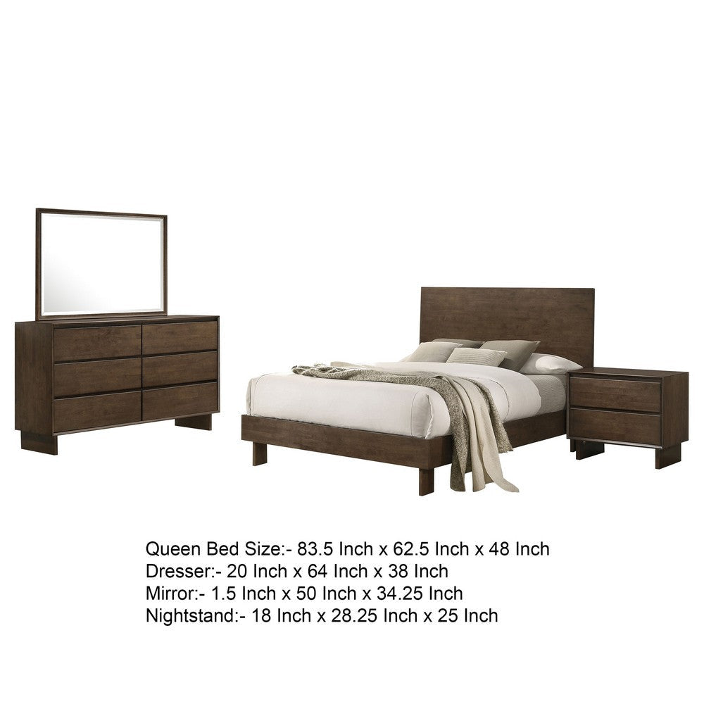 Genu 4pc Queen Size Bedroom Set | Modern Warm Brown Rubberwood