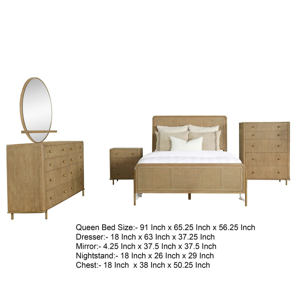 Fij 5pc Queen Bedroom Set w Round Dresser Mirror | Sand Brown | Rattan
