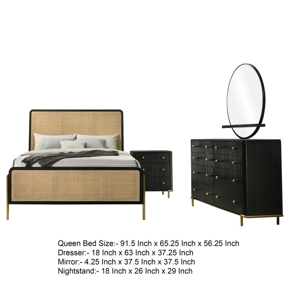 Fij 4pc Queen Bedroom Set w Round Mirror | Natural Brown Rattan Black