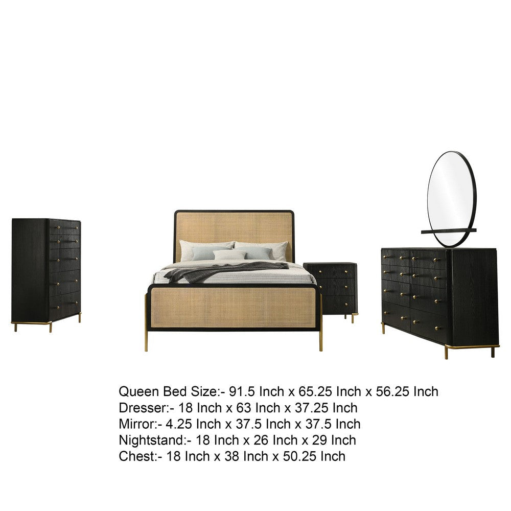 Fij 5pc Queen Bedroom Set w Round Mirror | Natural Brown Rattan Black