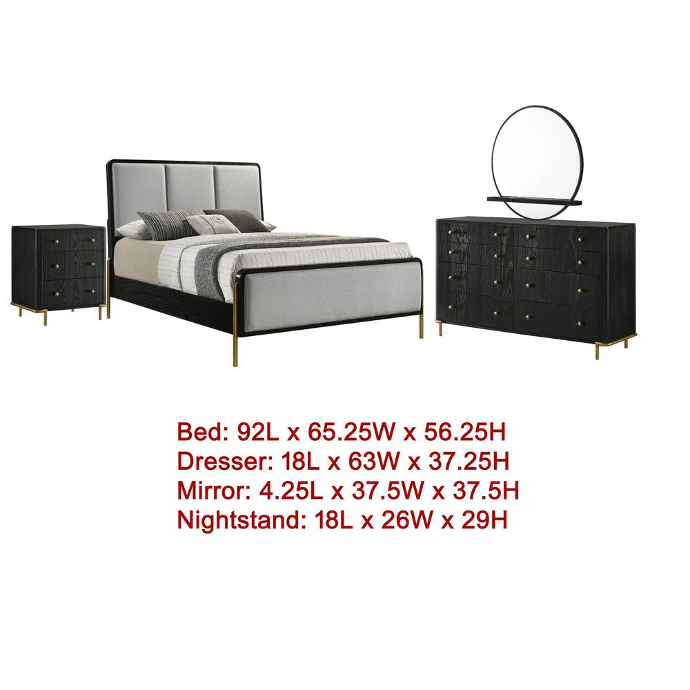 Fij 4pc Queen Bedroom Set | Dresser | Padded Gray Upholstery | Black