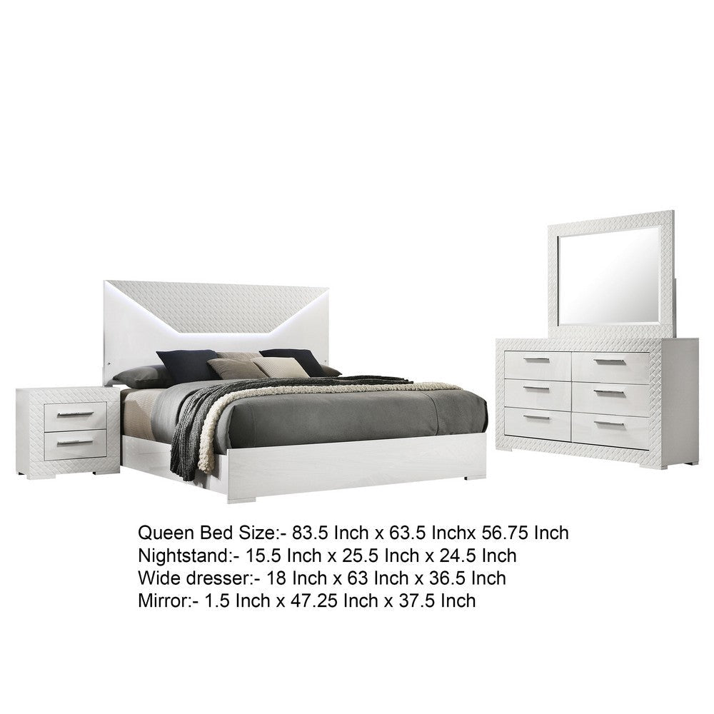 Ivon 4pc Queen Bedroom Set | Diamond Embossed | White High Gloss | LED