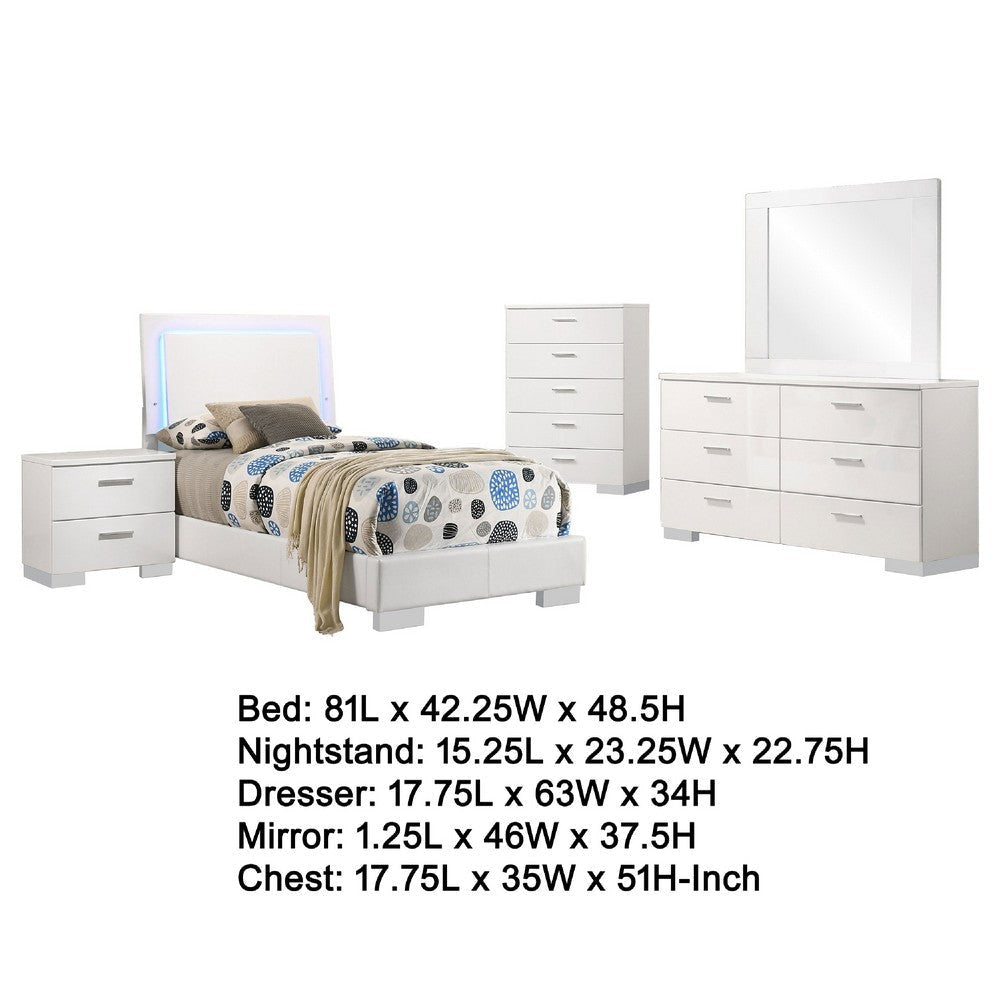 Sok 5pc Twin Bedroom Set with Blue LED Lights | White High Gloss Wood