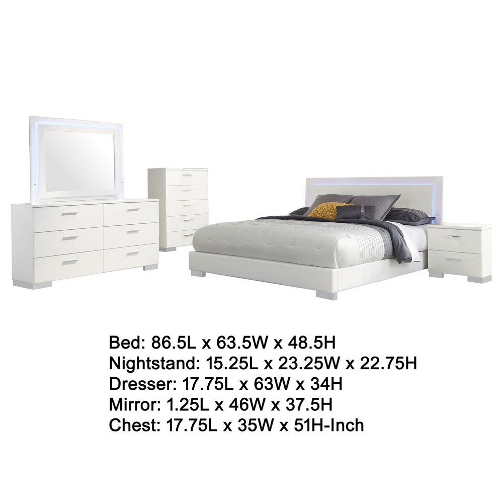Sok 5pc Queen Bedroom Set | Faux Leather | Blue LED Lights | White