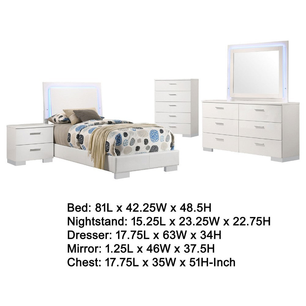 Sok 5pc Twin Bedroom Set | Blue LED Lights | Faux Leather | White Wood
