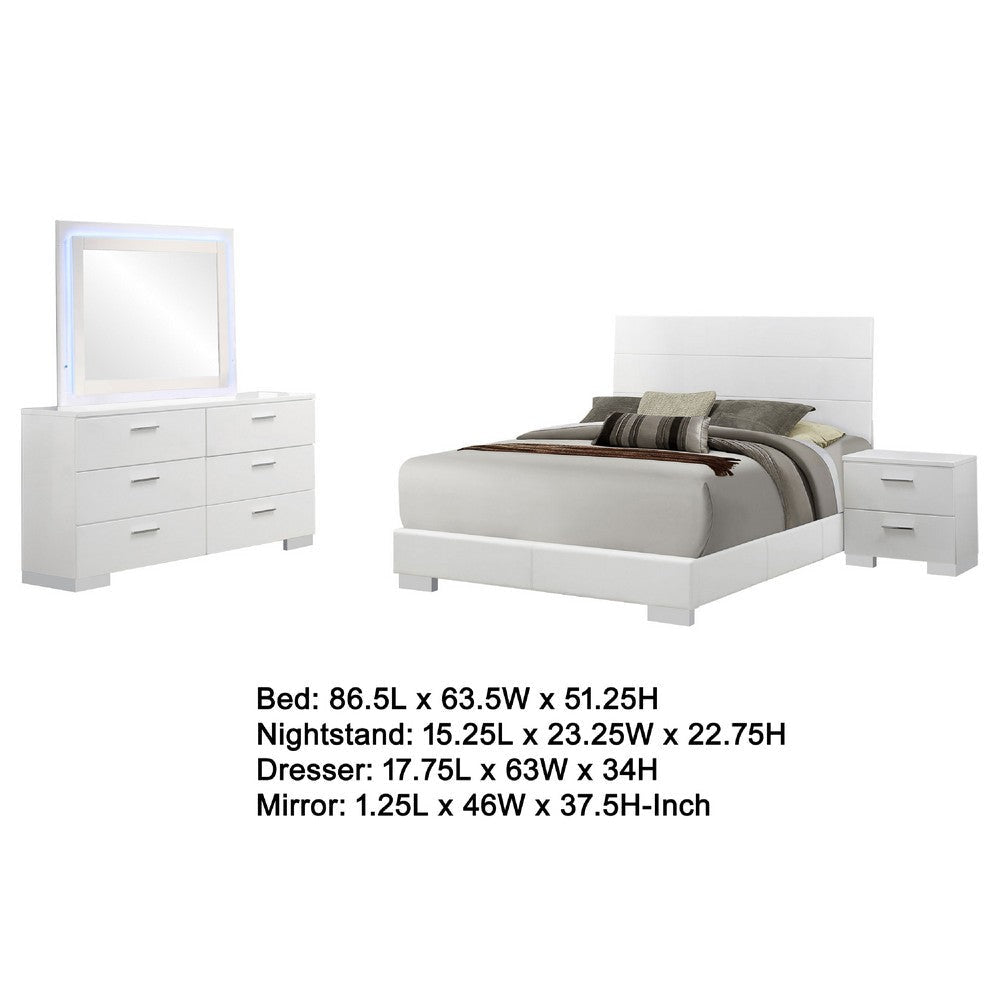 Sok 4pc Queen Bed Set | Blue LED Lights | Chrome Metal | White Wood