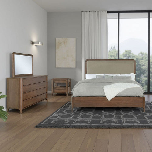 Rie 4pc Queen Bedroom Set | Dresser Mirror | Brown | Beige Upholstery