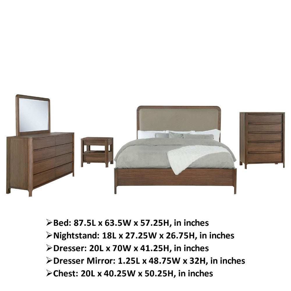 Rie 5pc Queen Bedroom Set | Dresser Mirror | Brown | Beige Upholstery