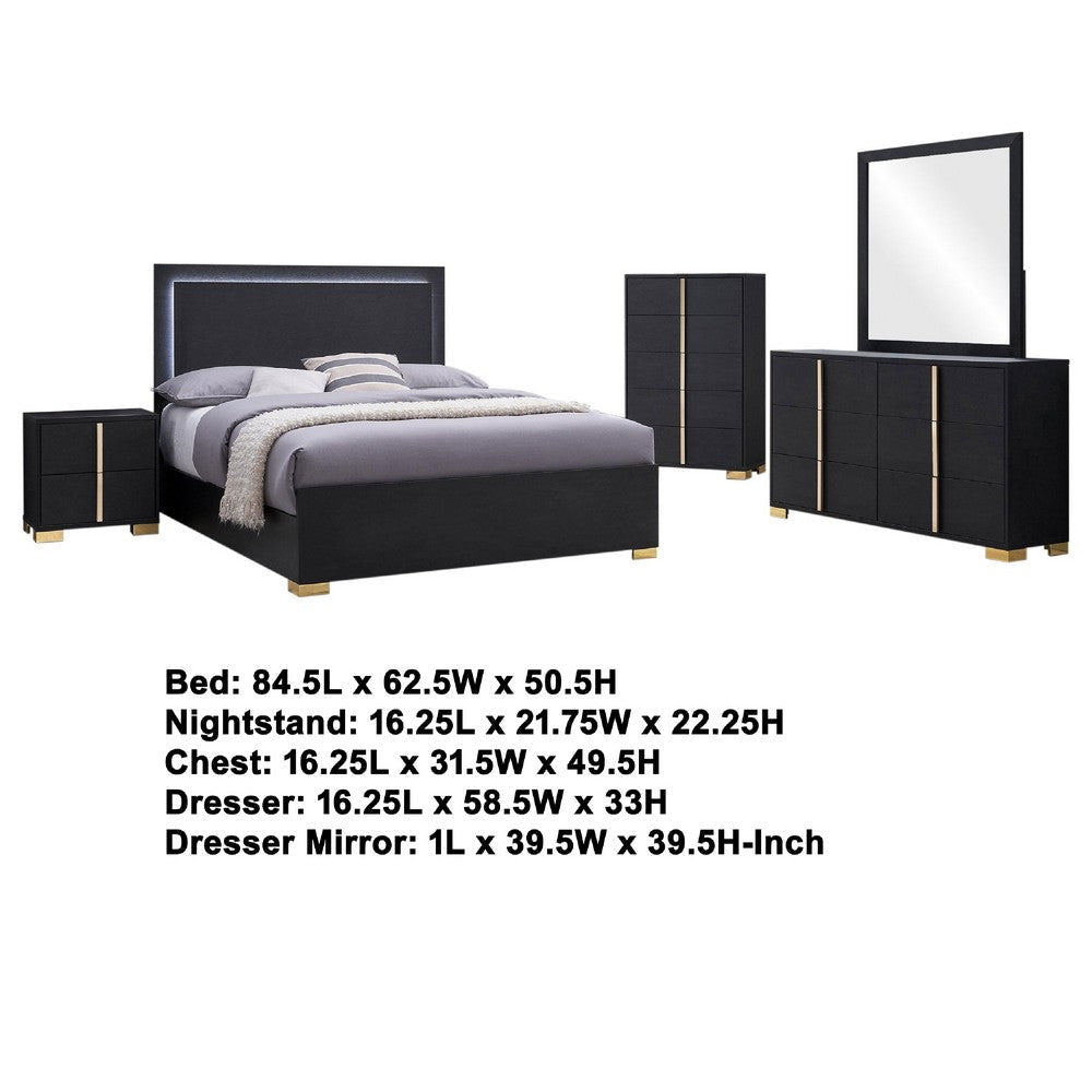 Dex 5pc Queen Bedroom Set with Modern LED Headboard | Mirror | Black