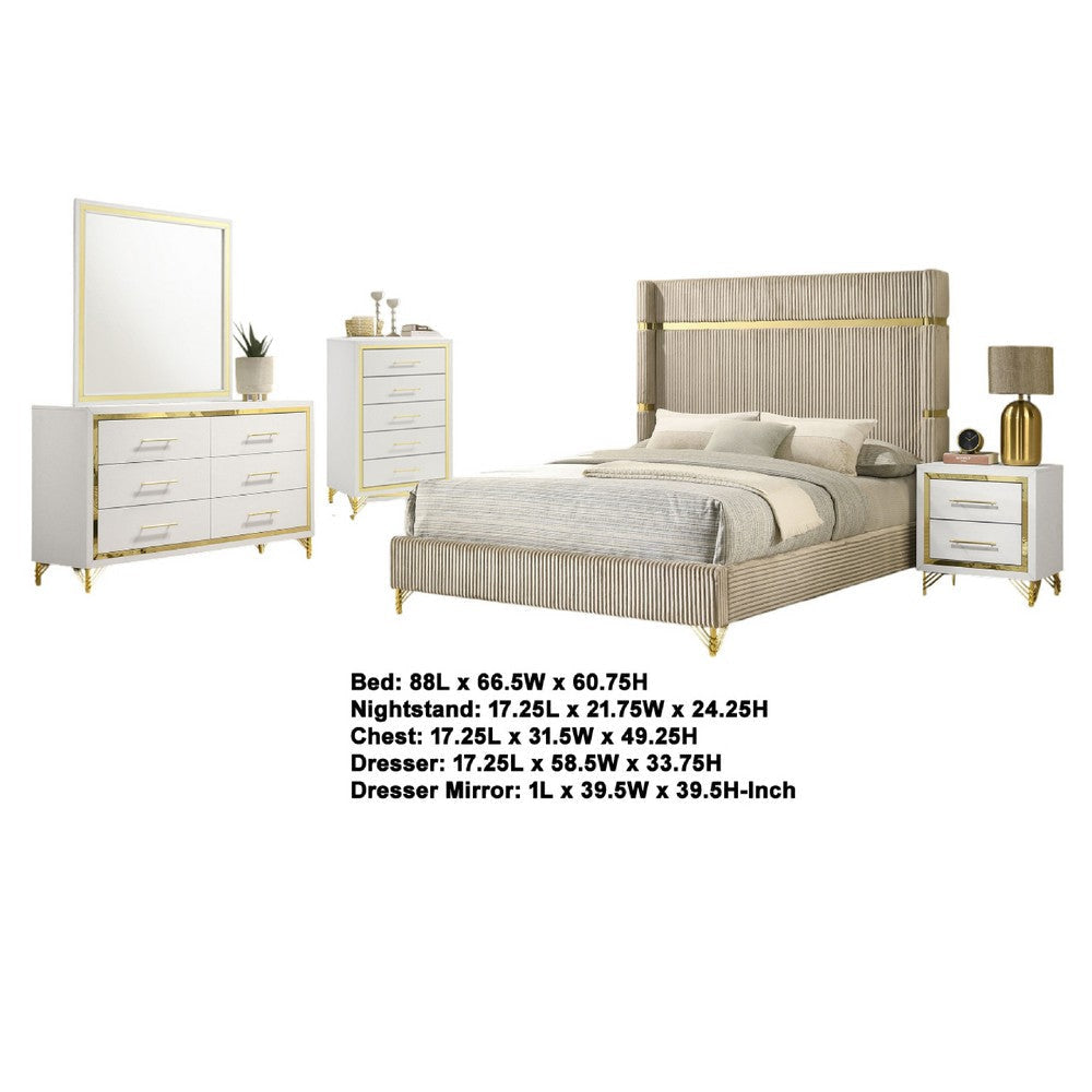Jenny 5pc Queen Bedroom Set | Textured Beige Wood | Gold Metal Accent