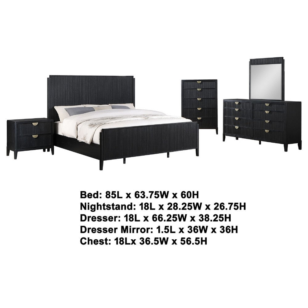 Jack 5pc Queen Bedroom Set | Fluted Black Wood | Dresser Chest Mirror
