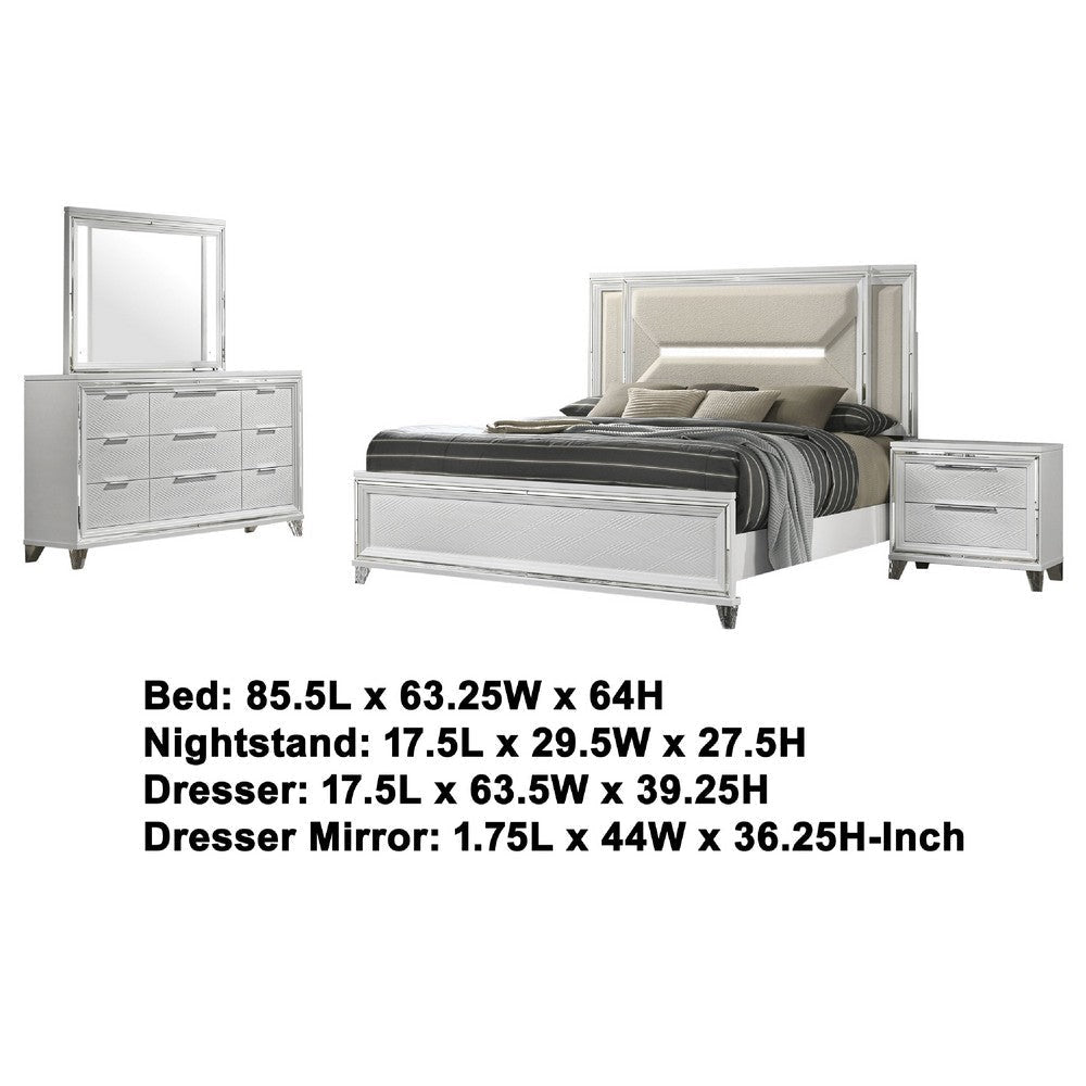 Mory 4pc Queen Bedroom Set | Herringbone Graphic Pattern | White Wood