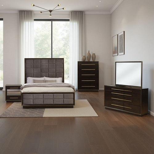 Lyni 5pc Tall Queen Bedroom Set | Gold Accents | Brown | Upholstery