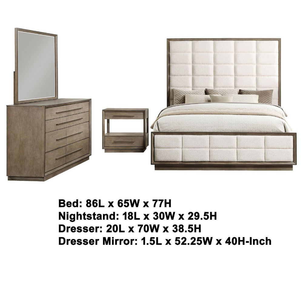 Lyni 4pc Tall Queen Bedroom Set | Brown | Grid Tufted Ivory Upholstery