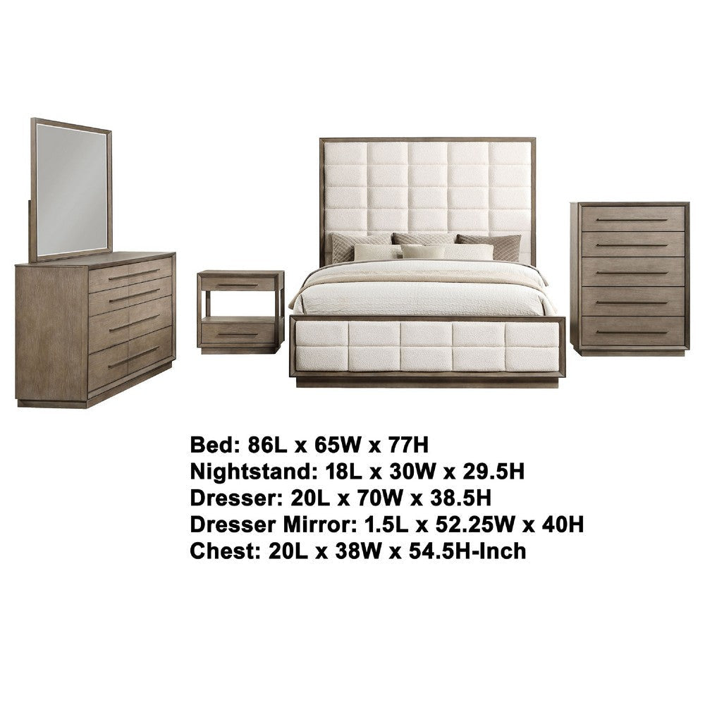 Lyni 5pc Tall Queen Bedroom Set | Brown | Grid Tufted Ivory Upholstery