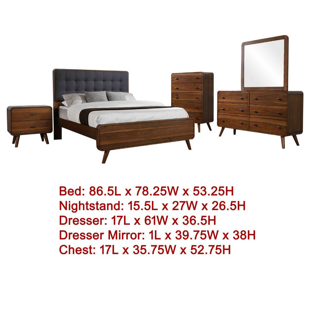 Ryb 5pc Bedroom Set w King Bed | Walnut Brown | Dark Gray Upholstery