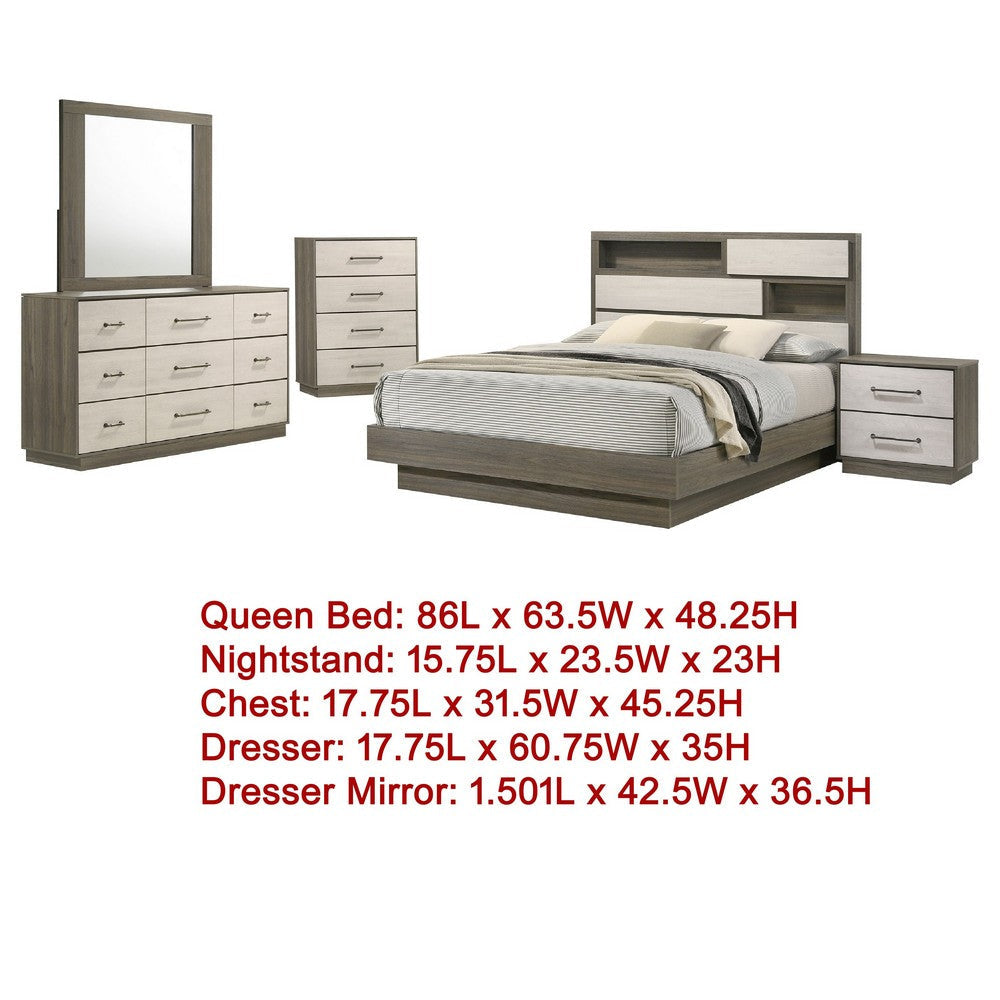 Fene 5pc Queen Bedroom Set | Gray | Brown | Headboard Bookcase