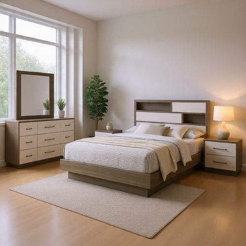 Fene 5pc Queen Bedroom Set | Gray | Brown | Headboard Bookcase