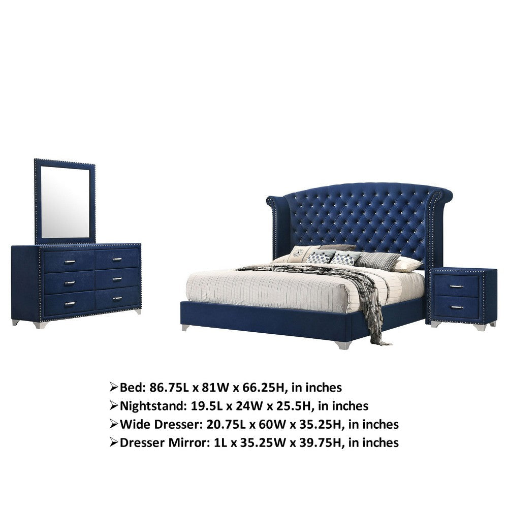 Giya 4pc Queen Bedroom Set | Rich Tufted Dark Blue Velvet Upholstery