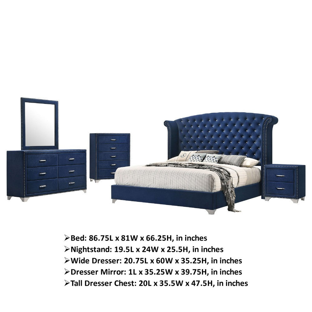 Giya 5pc Queen Bedroom Set | Rich Tufted Dark Blue Velvet Upholstery