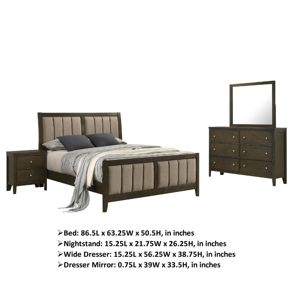 WIly 4pc Queen Bedroom Set | Dark Brown | Beige Upholstery | Nickel