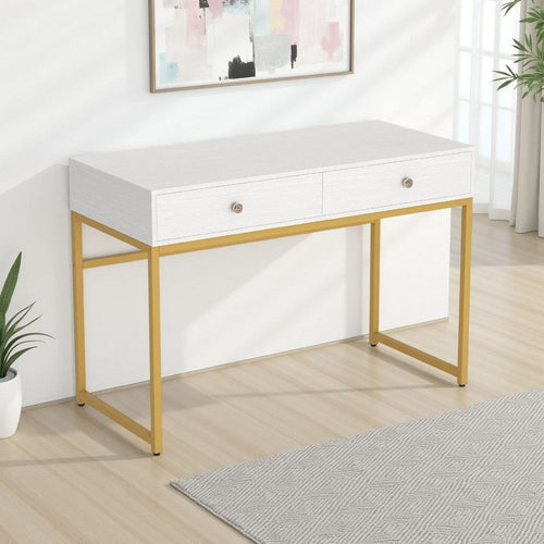 Modern Computer Study Desk w 2 Drawers | 47" White Wood | Gold Metal