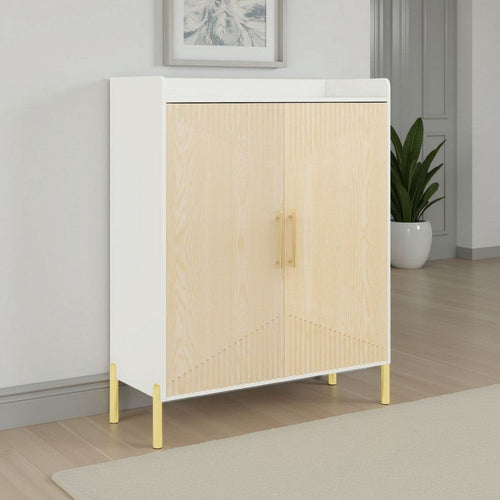 Modern Foyer Shoe Cabinet | 6 Tier Design w 2 Doors | White Brown Wood