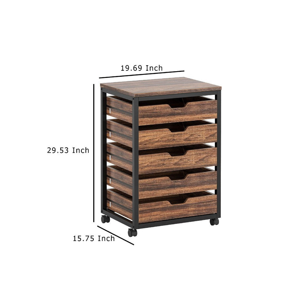 Mobile Office Cabinet | 5 Drawers Cutout Handles | Rustic Brown Black