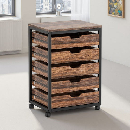 Mobile Office Cabinet | 5 Drawers Cutout Handles | Rustic Brown Black