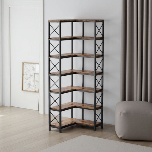 Corner Bookcase | 7 Tier w 14 Open Shelves | 79" Industrial Black