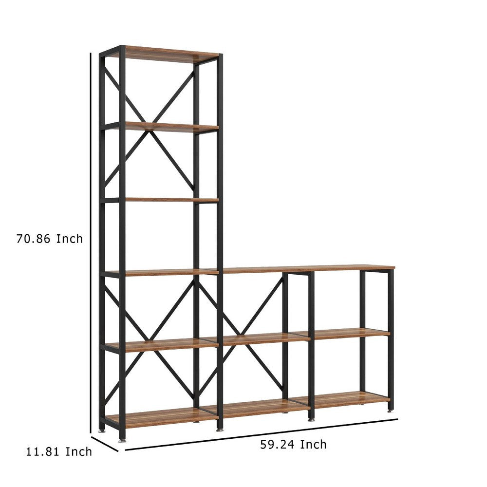 Ladder Corner Bookcase | 9 Shelf | Industrial Black Metal | Brown Wood BM336927