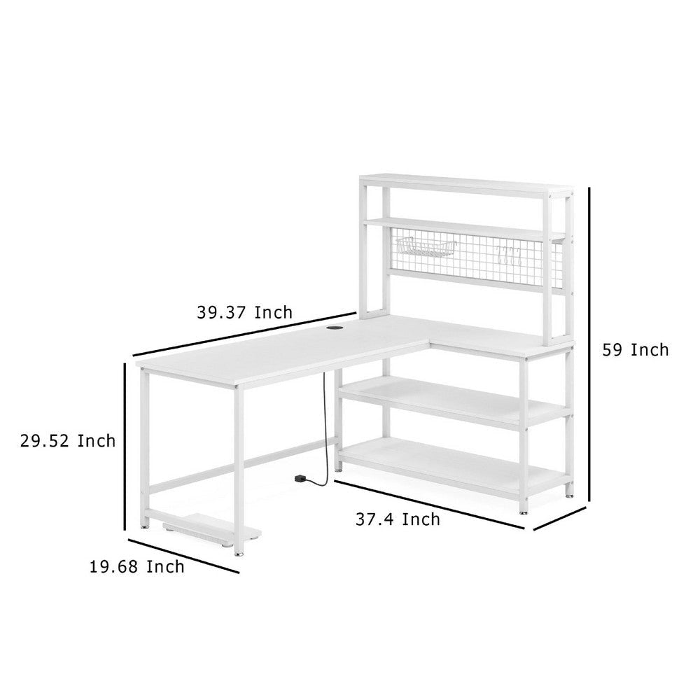 Reversible L Shaped Desk w Charging Pad | Display Shelf | 55’’ White
