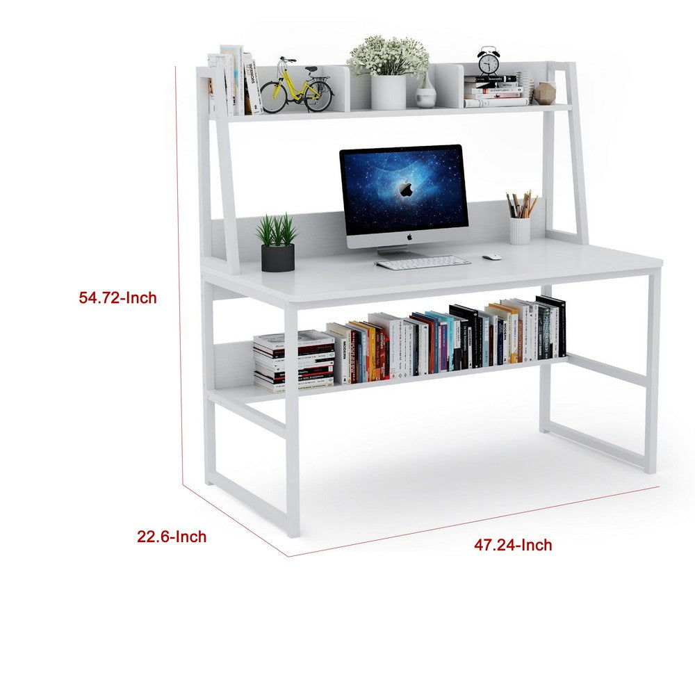 Hivy Computer Desk with Bookshelf Hutch | Metal Legs | White Wood BM336944