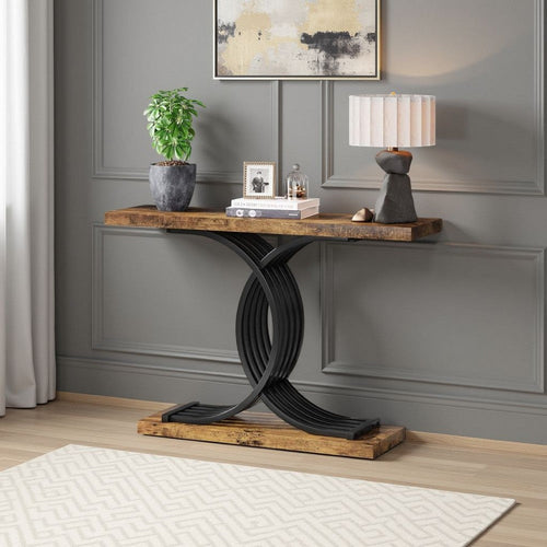 Meu Sofa Console Table | Sculpture Black Metal Base | 39" Brown Wood