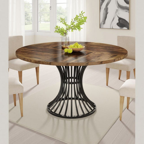 Farmhouse Dining Table | 47" Brown Top | Hourglass Black Metal Base