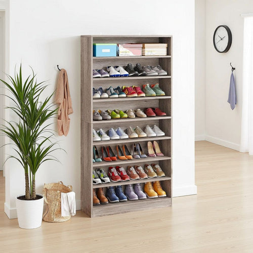 Freestanding Shoe Rack | 9 Tier White Display Shelves | Rustic Gray