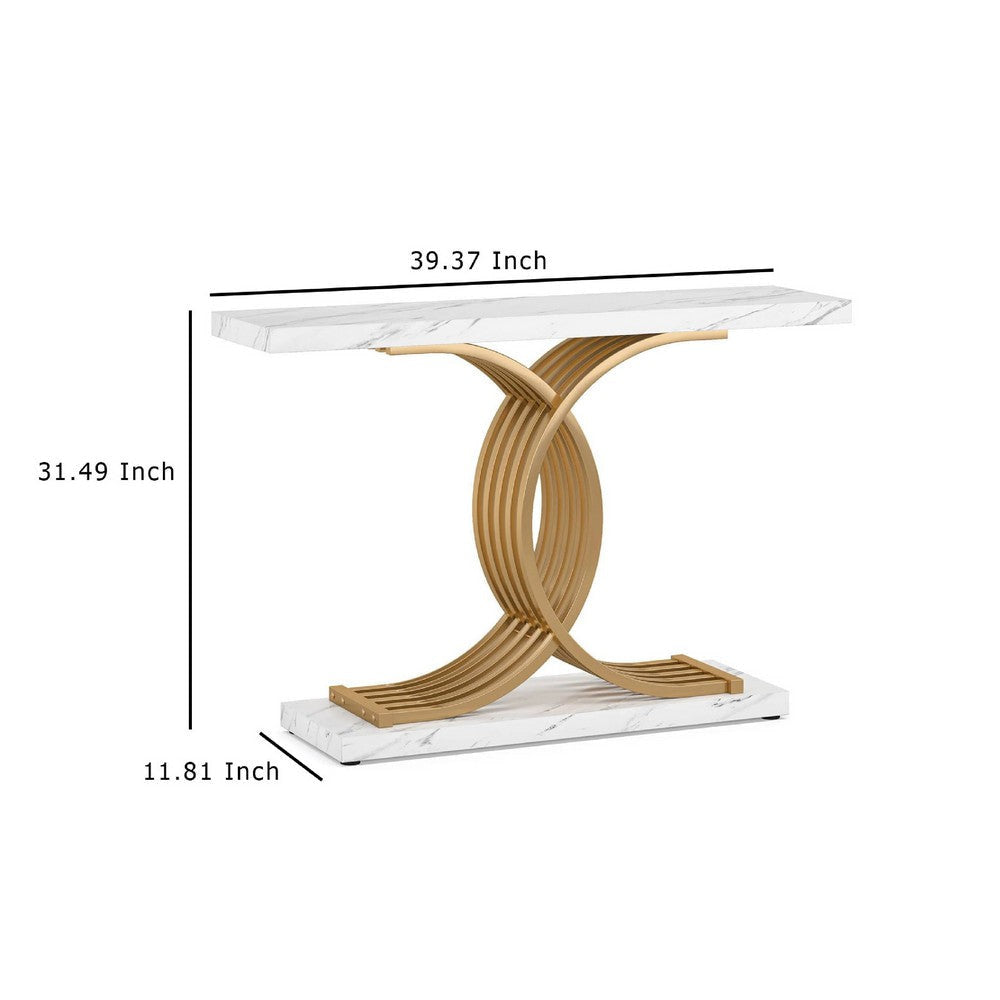 Meu Console Table | Curved Gold Metal Base | 39’’ White Faux Marble