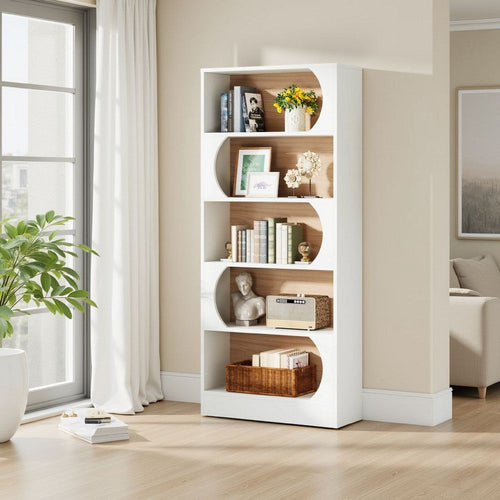 Etagere Bookcase w 5 Curved Display Shelves | Modern 71" White Wood