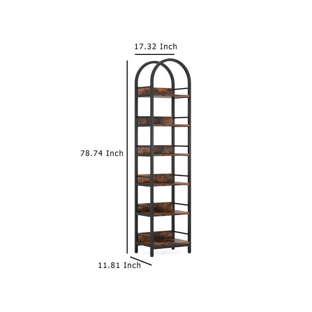 Meo Corner Bookshelf | 6 Tier Arched Black Metal | Brown Wood Shelves