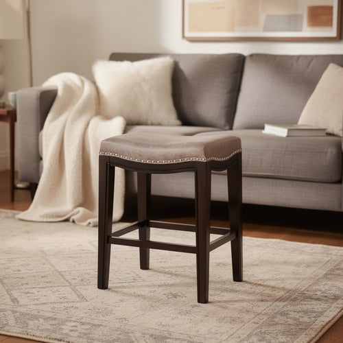 Feine Counter Stool Set of 2 | Nailhead Trim | Taupe Gray Faux Leather