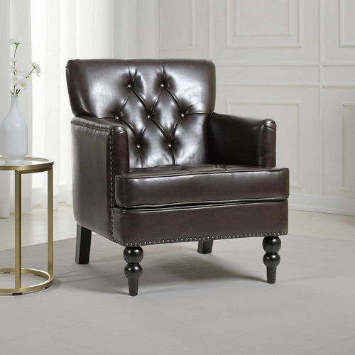 Lit Club Armchair | Turned Birch Wood Legs | Brown Tufted Faux Leather