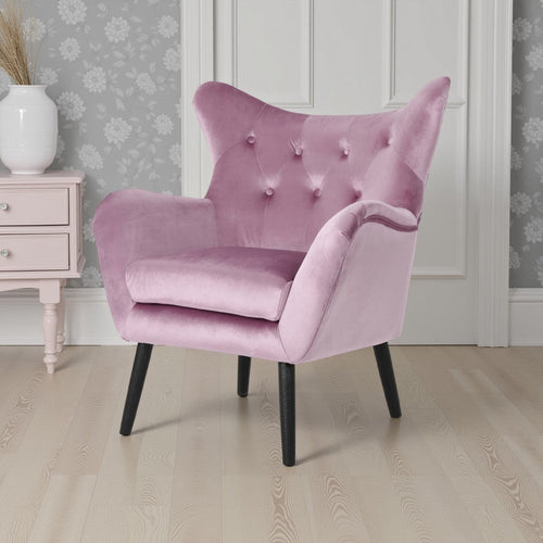 Zorro Accent Armchair | Black Angled Wood Legs | Pink Tufted Velvet