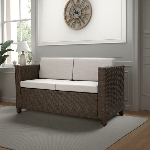 Perie Outdoor Loveseat | Modern Brown Faux Rattan | Gray Polyester